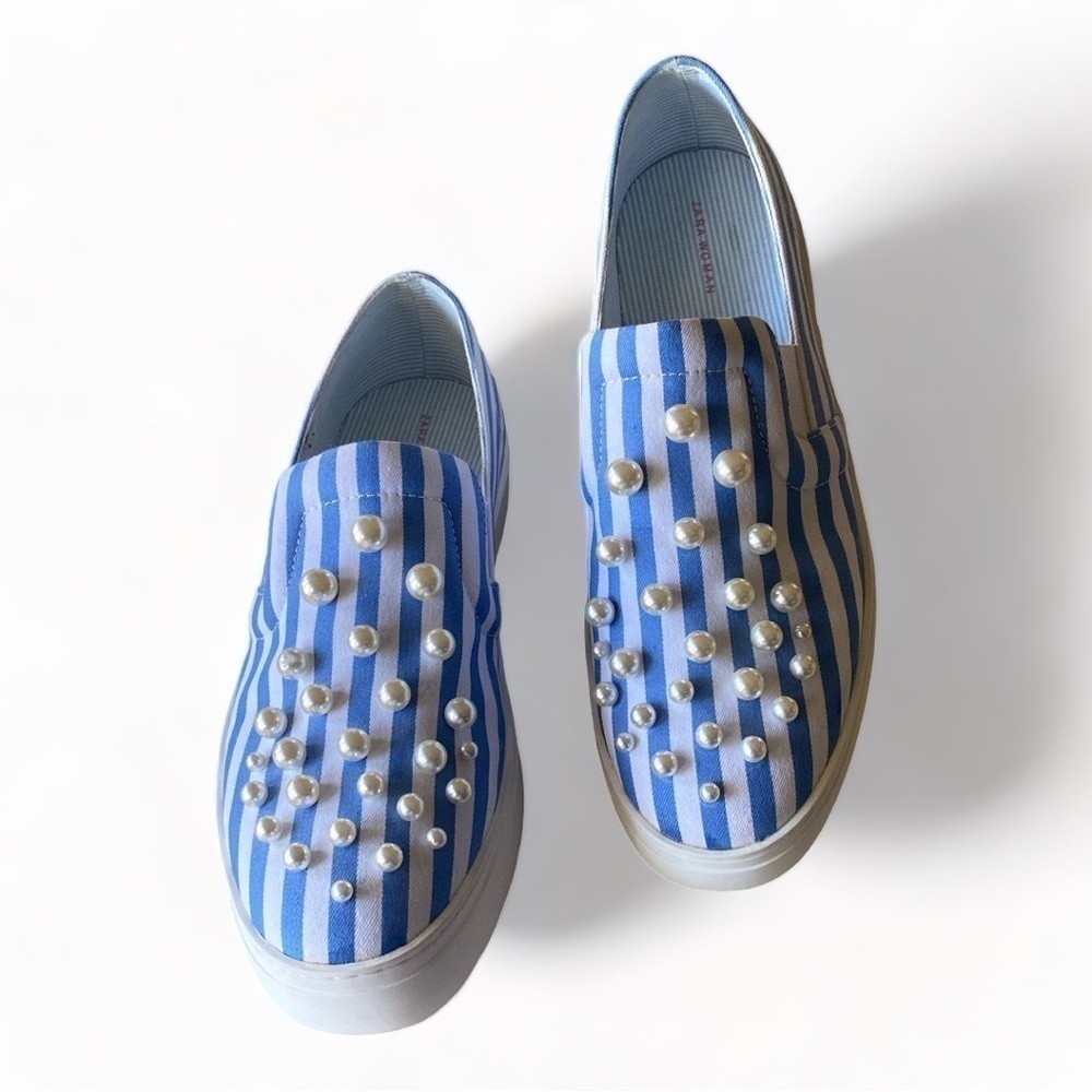 ZARA Pearl Embellished Slip-Ons Striped Canvas Sneakers